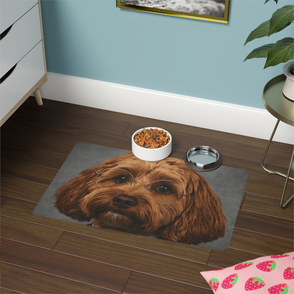 Doodle Dog Feeding Mat (12x18) — Cute Pup with Glasses Pet Food Placemat