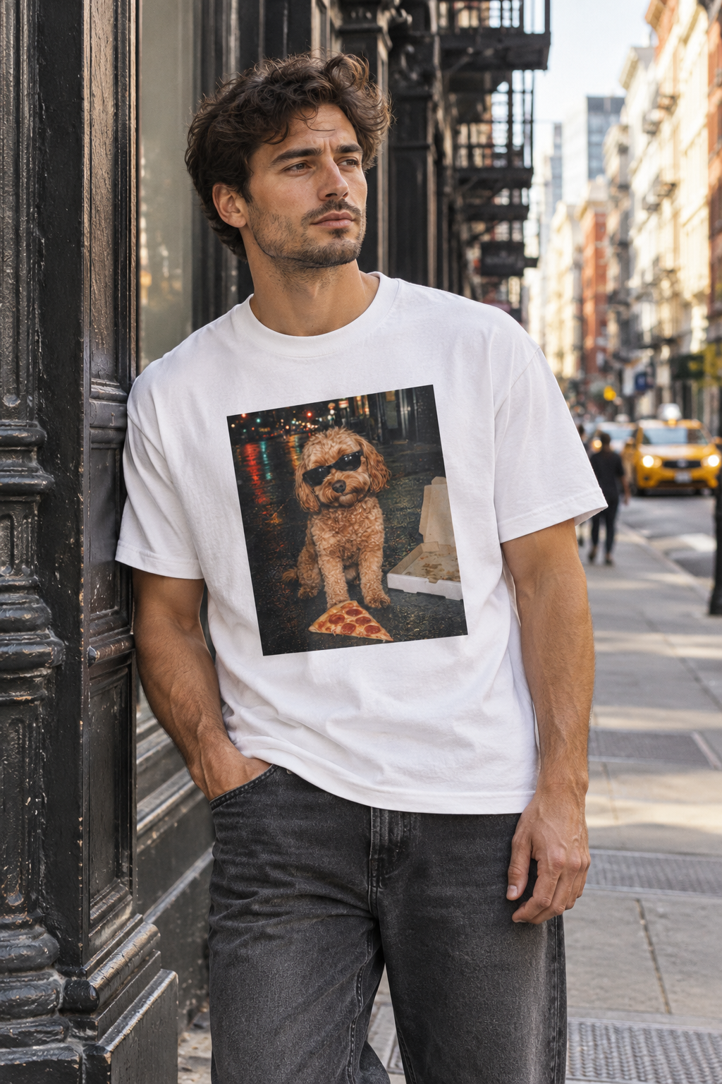 White Barksy dog print T-shirt worn on a New York street